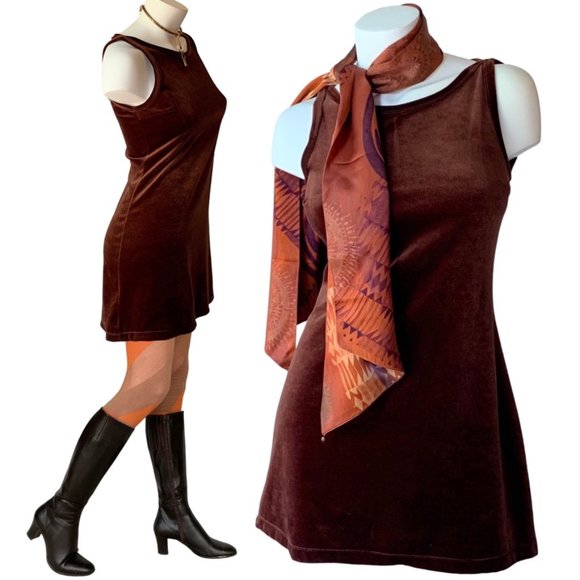Like new brown velvet/velour boat neck fit & flare mini dress - size M - Picture 5 of 7
